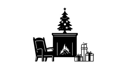 Wall Mural - Empty chair with backdrop of fireplace and Christmas tree, illustration art