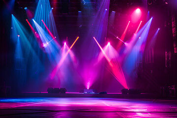 The stage of the concert is illuminated with colorful spotlights. Dark background, copy space concept.