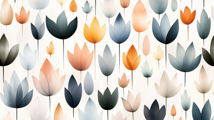 Canvas Print - Abstract floral pattern with stylized tulip shapes in various colors on a light background. The design features a mix of muted and vibrant tones, creating a harmonious repetition.