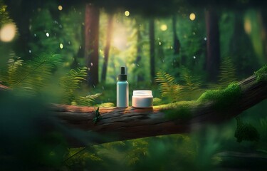 two bottles of lotion, one spray and one jar, sit on a mossy log in a sun-dappled forest.