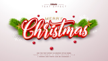 Merry Christmas 3D Text Effect Design. Editable and Scalable Vector Graphic Style Effect with Red Typography Lettering and Ornaments on White Background. Winter Holiday Illustration Template for