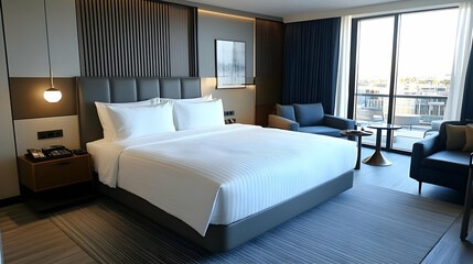 Poster - Modern hotel room with a king-sized bed and seating area.