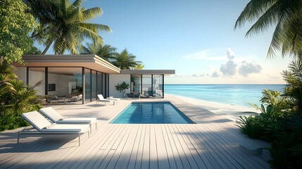 Wall Mural - Modern beach house with pool amidst tropical scenery.