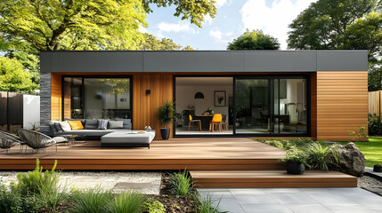 Sticker - Modern home with wooden facade and outdoor deck in a green setting.