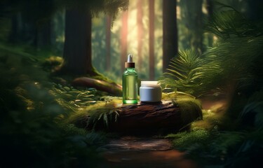 Two glass bottles, one with a dropper, rest on a wooden log in a sun-dappled forest.