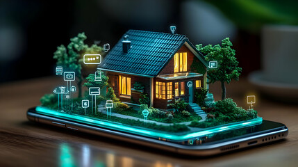 Canvas Print - A smartphone displaying a miniature house with digital icons.