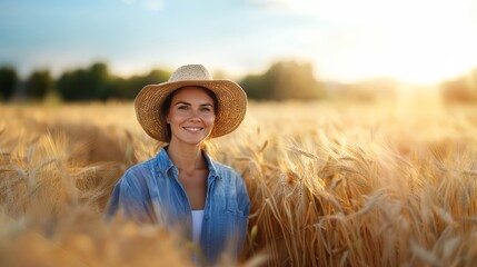 Farmer and agricultural occupation. Happy female worker working with barley grain at a field