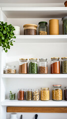 organized glass jars filled with spices herbs sit on white kitchen shelves