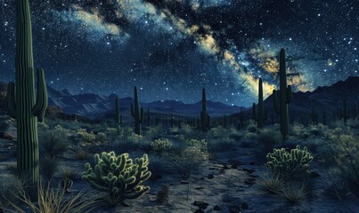 Saguaro cactus forest under a starry desert night sky, 4K hyperrealistic photo