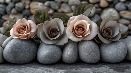 Wall Mural - Elegant arrangement of roses on smooth stones, creating a serene display.