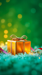 golden gift box with festive foliage