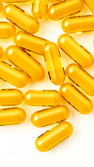 glossy yellow capsules scattered on a white background