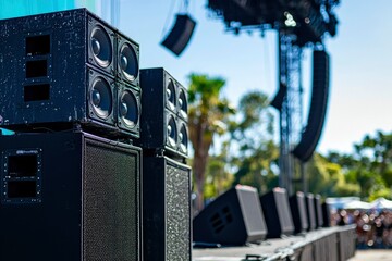 Black Speaker Cabinets with Multiple Drivers on a Stage Setup