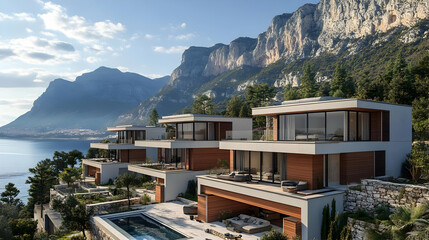 Canvas Print - Modern villas overlooking a serene lake and mountains.