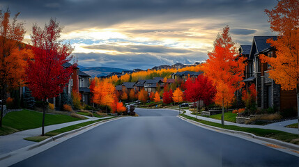 Poster - Vibrant autumn scenery in a picturesque neighborhood.