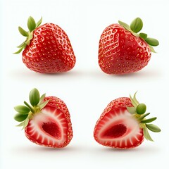 Sticker - Four strawberries, two whole and two halved, isolated on white background.