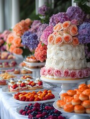 An inviting outdoor birthday cake table A beautifully set outdoor table, with an elaborate birthday cake, fresh flowers and plates of treats, ideal for a summer celebration. banner