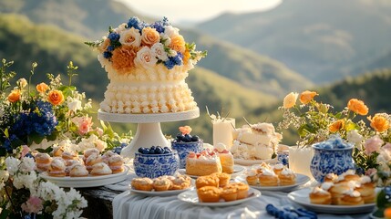 An inviting outdoor birthday cake table A beautifully set outdoor table, with an elaborate birthday cake, fresh flowers and plates of treats, ideal for a summer celebration. banner