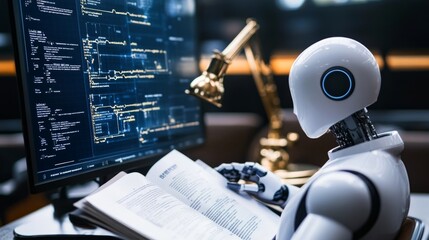 Poster - Law practitioner reading AI compliance standards, with machine learning algorithms on a screen nearby.