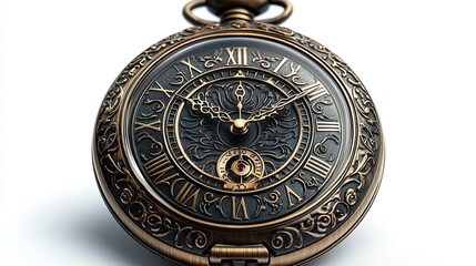 Antique Pocket Watch with Intricate Engravings on White Background