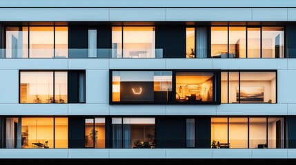 Canvas Print - Modern apartment building facade with large windows and warm interior lighting during evening. Features plants, furniture, and a minimalist design.