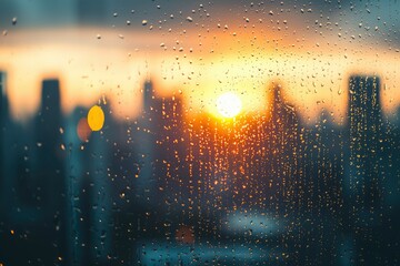 Wall Mural - A Sunset View Through Raindrops on a Windowpane