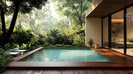 Sticker - Serene outdoor pool surrounded by lush greenery and modern architecture.