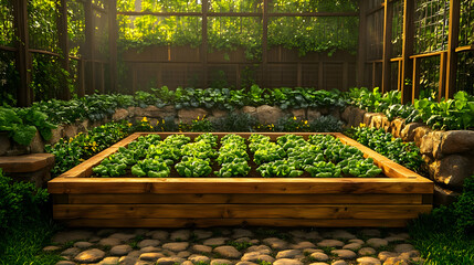 Sticker - Lush garden bed surrounded by greenery and stone pathways.