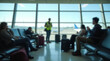 © Dmytriy - Blurred view of an airport waiting area with seated passengers and a standing worker in a high-visibility vest