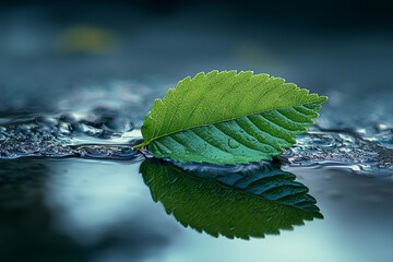 Canvas Print - Green leaf resting on water with its reflection at twilight