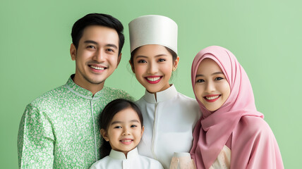 Eid al-Fitr Joy. A joyful family wearing traditional clothing in front of a light green background, smiling after prayers