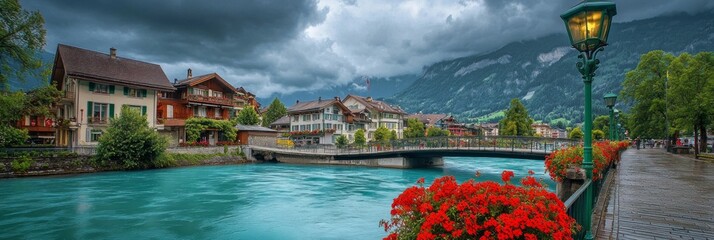 Wall Mural - A serene village scene along a tranquil river. The lush greenery, charming houses, and a cloudy sky add to the beauty of this landscape. Perfect for travel or nature themes. AI