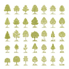 Canvas Print - A collection of 30 green tree silhouettes.