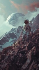 Wall Mural - brave astronaut exploring the surface of a distant planet, 4k hyperrealistic photo.