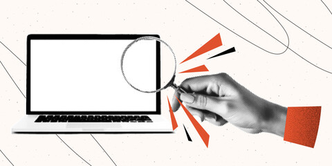 Aufkleber - Trendy halftone collage with a laptop and a hand that holds a magnifying glass. Searching for information, recruiting people, work HR.