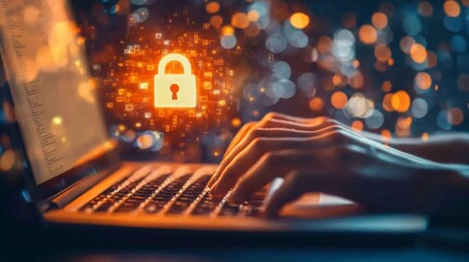 Poster - A person types on a laptop with a glowing padlock icon, symbolizing cybersecurity and data protection amidst a blurred background.