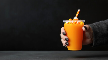 Poster - Hand holding a plastic cup filled with bright orange pumpkin smoothie topped with candy corn and a striped straw against a dark background.