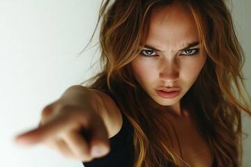 In a happy expression, a cheerful female with long hair points her index finger at a blank space on a white background, showing a logo or banner against a white background to demonstrate a company