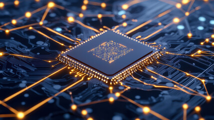 Fototapete - Futuristic microchip glowing with intricate circuitry and connections