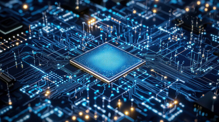 Poster - Futuristic microchip glowing on circuit board with blue lights