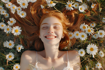 portrait of an extremely freckled young woman with long red hair, smiling and laying in the grass surrounded by daisies. She is wearing white lace . Shot from above in a bird's eye view.