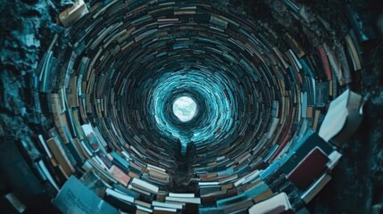 Poster - Intricate tunnel of books forming a circular passageway, symbolizing the endless possibilities of knowledge and discovery