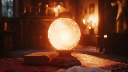 Magical crystal ball radiating soft, glowing light in a dark, atmospheric room, ideal for themes of magic, enchantment, and divination