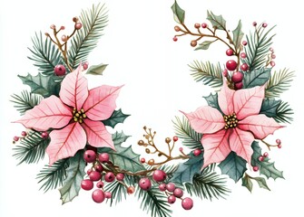 Sticker - Watercolor Christmas wreath with pink poinsettias