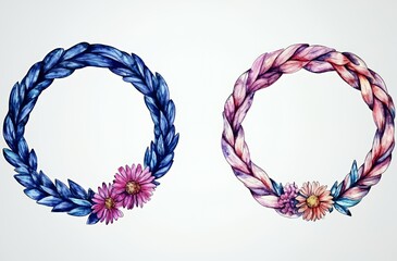 Wall Mural - Two watercolor wreaths with pink and blue flowers.