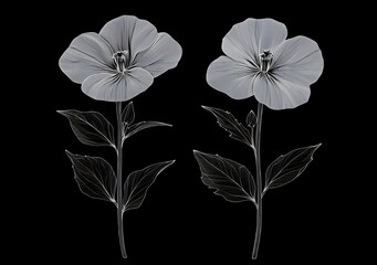 Wall Mural - Two delicate white flowers with leaves on a black background.