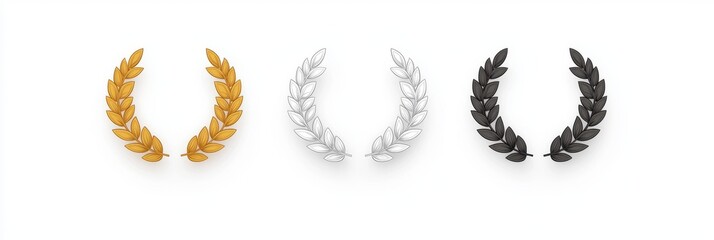 Silver, gold, and bronze laurel wreath flat icons