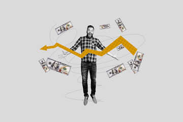 Sticker - Composite photo collage of happy guy employee jump money income arrow achievement cash earnings dollar isolated on painted background