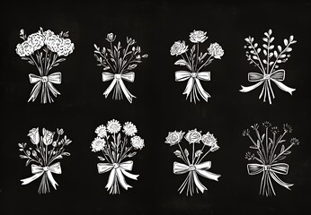 Canvas Print - White chalk drawings of flower bouquets on a black background.