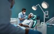 © joeycheung - A dentist in a blue uniform and gloves is examining an older patient's teeth in a dental chair. The patient is wearing glasses and smiling while looking at the dentist.